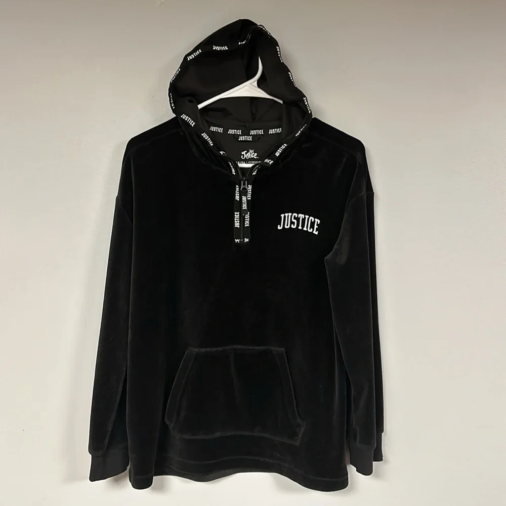 Justice Velvet velour Black Super Soft Hoodie Pullover size 14 / 16 girl EUC!